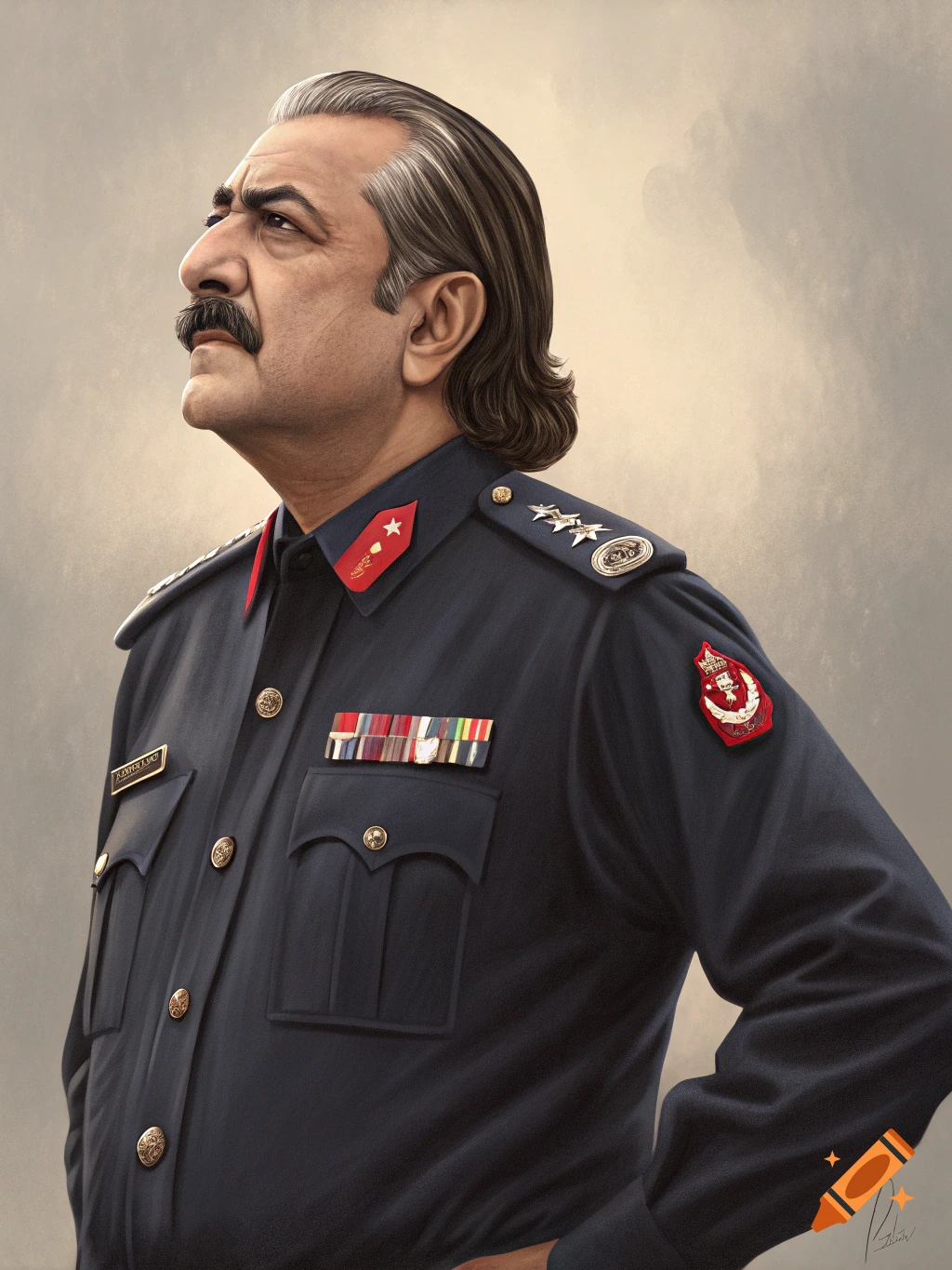 A realistic digital painting portrait of a man with a mustache in a dark military uniform with medals, looking up and left.