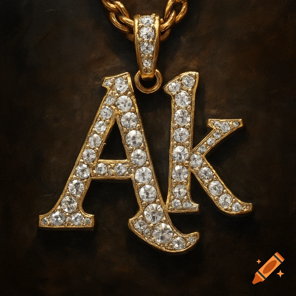 A close-up shot of a gold and diamond-encrusted pendant forming the letters 'AK' on a dark background.