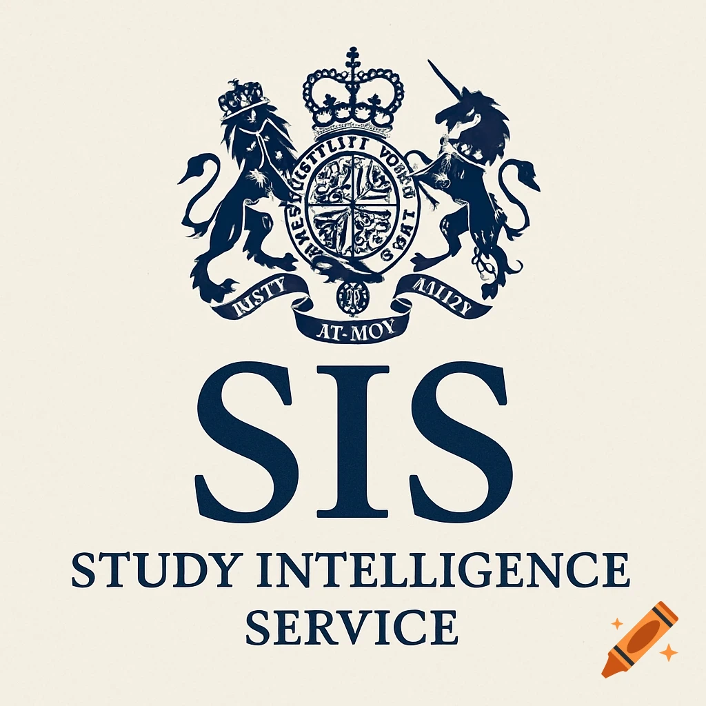 A stylized emblem featuring a lion and a unicorn supporting a crown and shield, with the letters "SIS" and the words "STUDY INTELLIGENCE SERVICE" below.