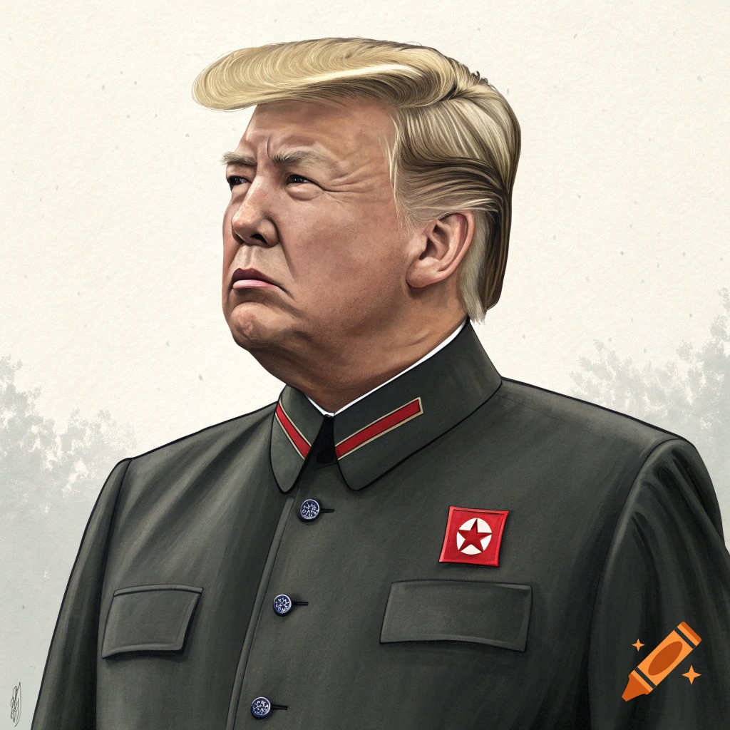 Illustration of Donald Trump wearing a grey military-style uniform with red collar stripes and a red star badge, looking left.