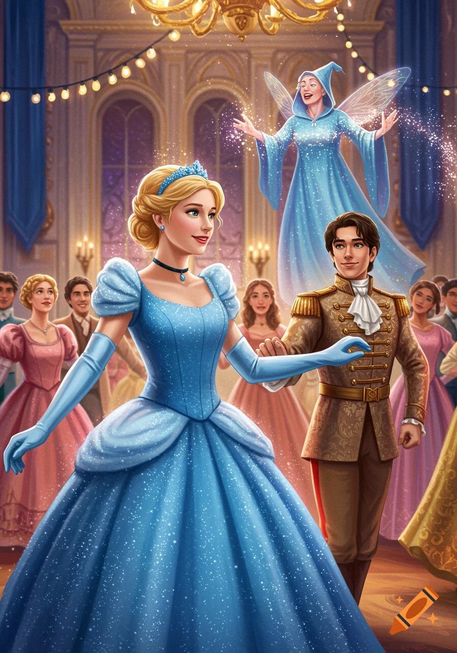 Cinderella in a sparkling blue gown and Prince Charming hold hands in a grand ballroom as the Fairy Godmother floats above them, surrounded by magic.