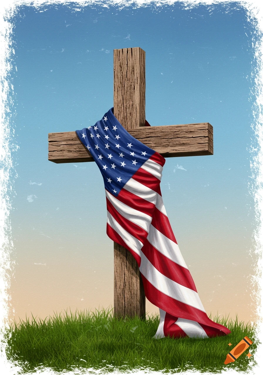 An American flag draped over a wooden cross on a grassy hill under a clear sky, in an illustrative style.