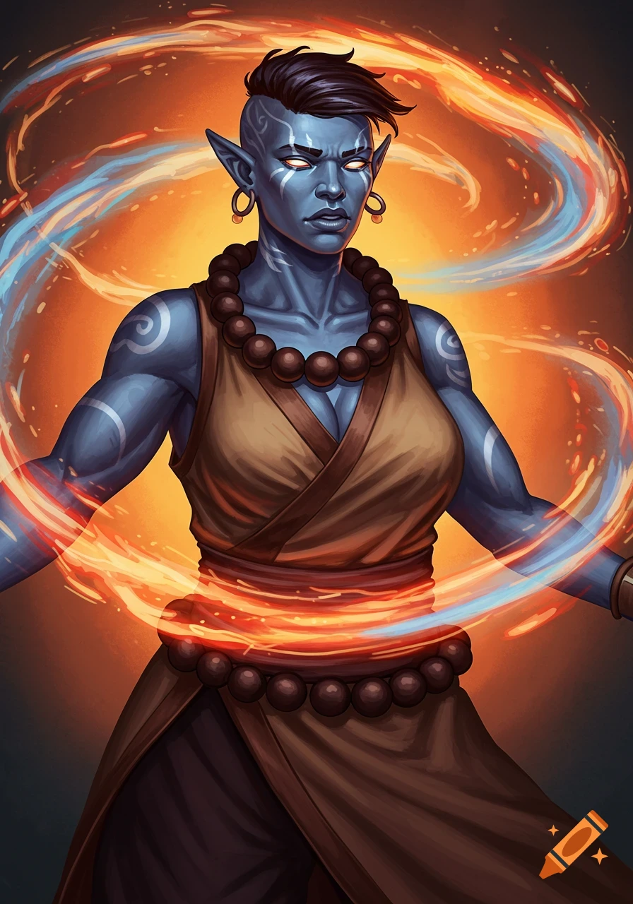 A blue-skinned female goliath monk with short dark hair and glowing eyes, surrounded by swirling orange and blue elemental energy.