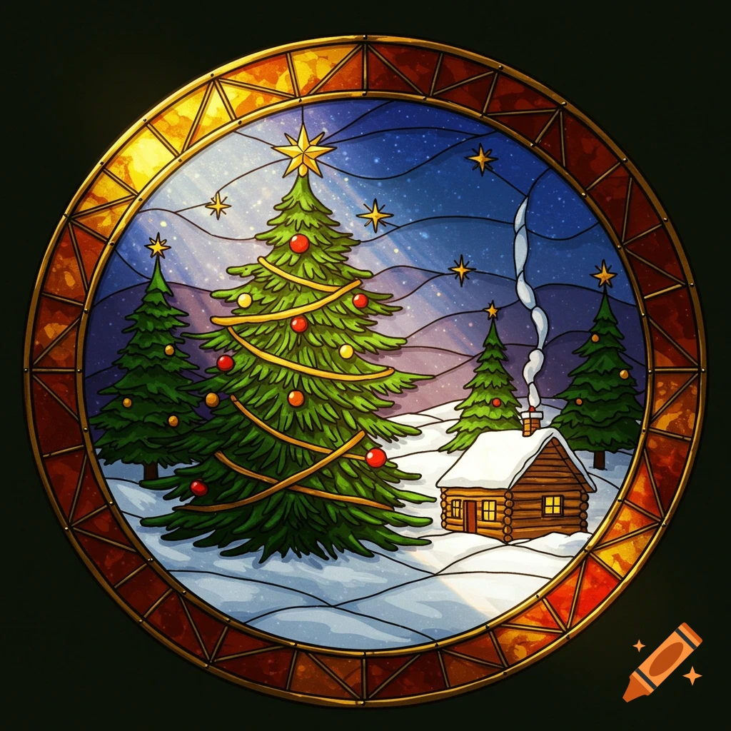 A round stained glass Christmas ornament depicting a snowy winter landscape with a decorated Christmas tree and a smoking log cabin under a starry sky.