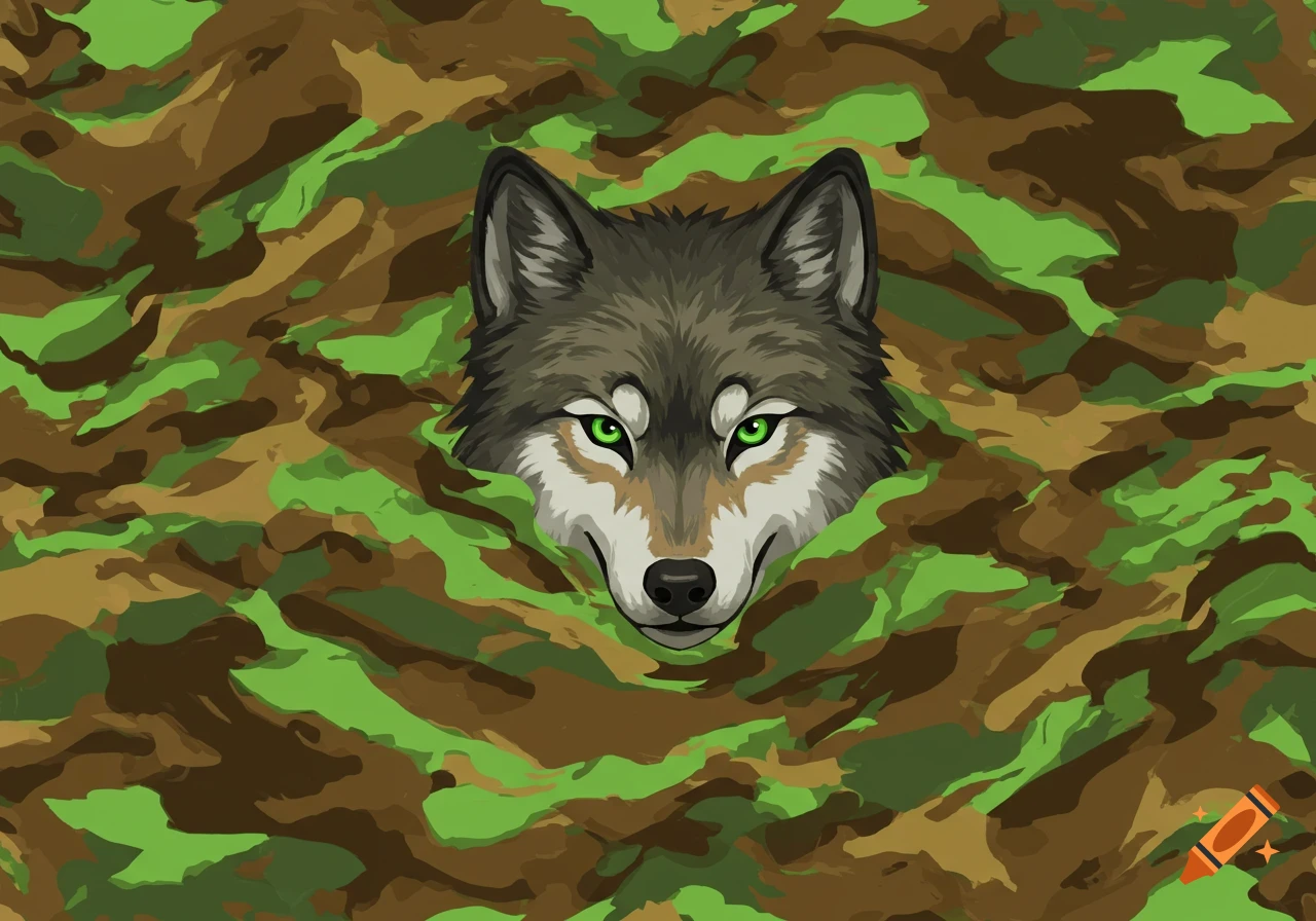 An anime-style wolf head with glowing green eyes peers from a fluid green and brown camouflage pattern.