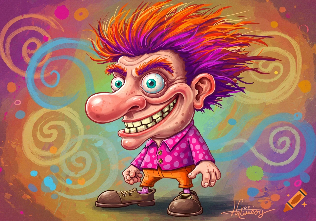A colorful, exaggerated cartoon caricature of a man with spiky orange and purple hair, a large nose, and a wide grin.