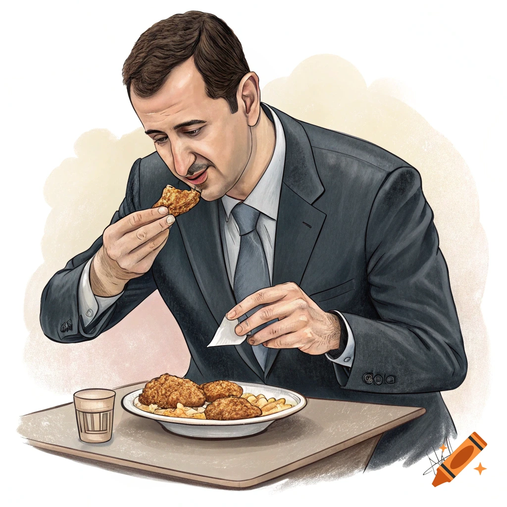 Illustration of Bashar al-Assad in a suit eating fried chicken and fries at a table with a glass.