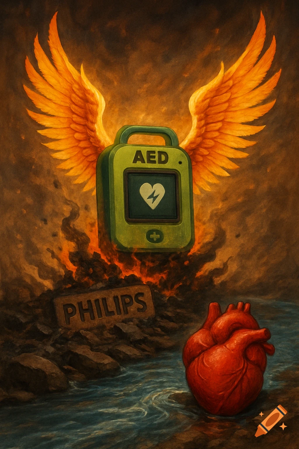 A green AED with fiery wings rises from ashes labeled 'PHILIPS', next to a red anatomical heart in a stream, in a painterly style.