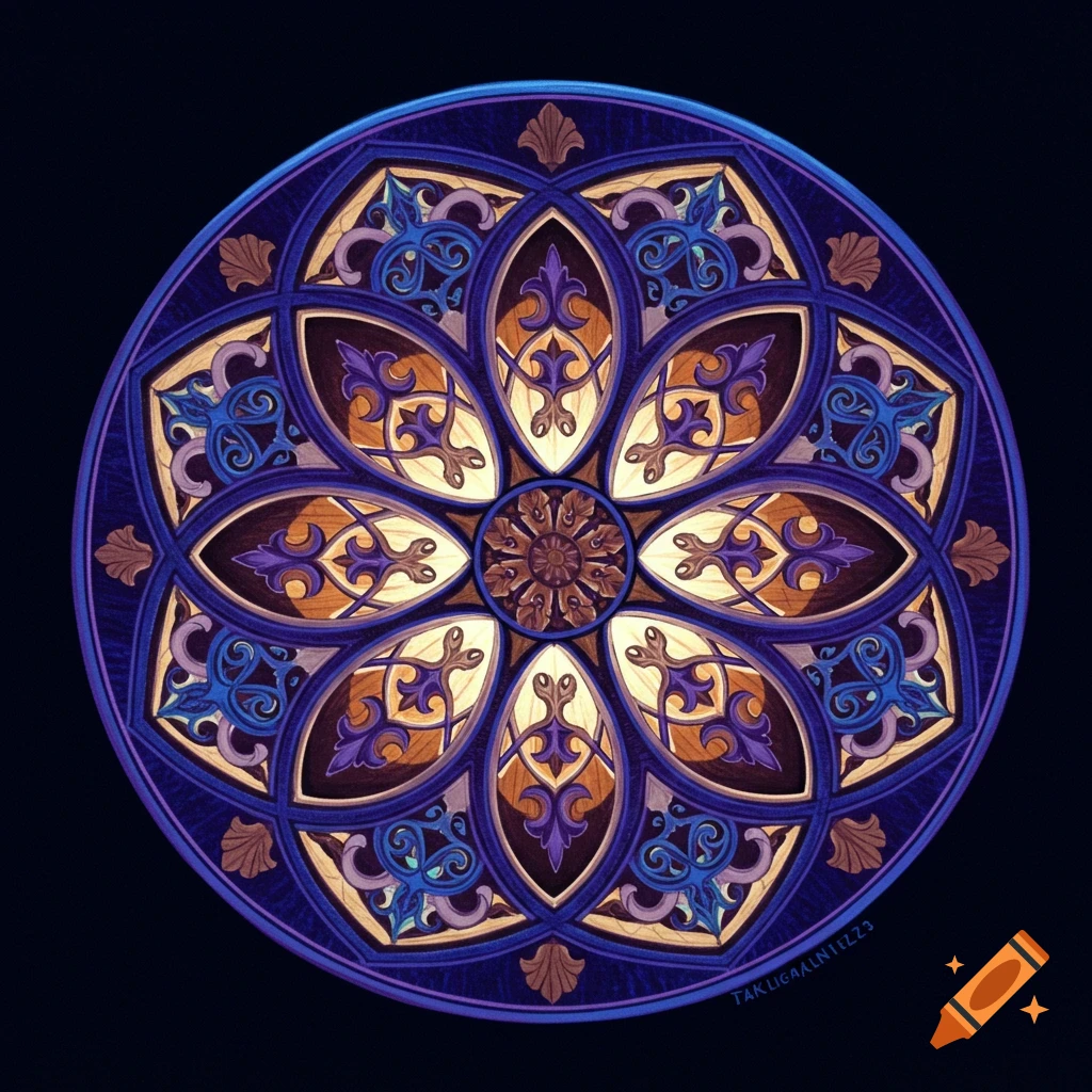 An ornate circular stained glass-style mandala pattern in shades of blue, purple, brown, and gold on a dark background.