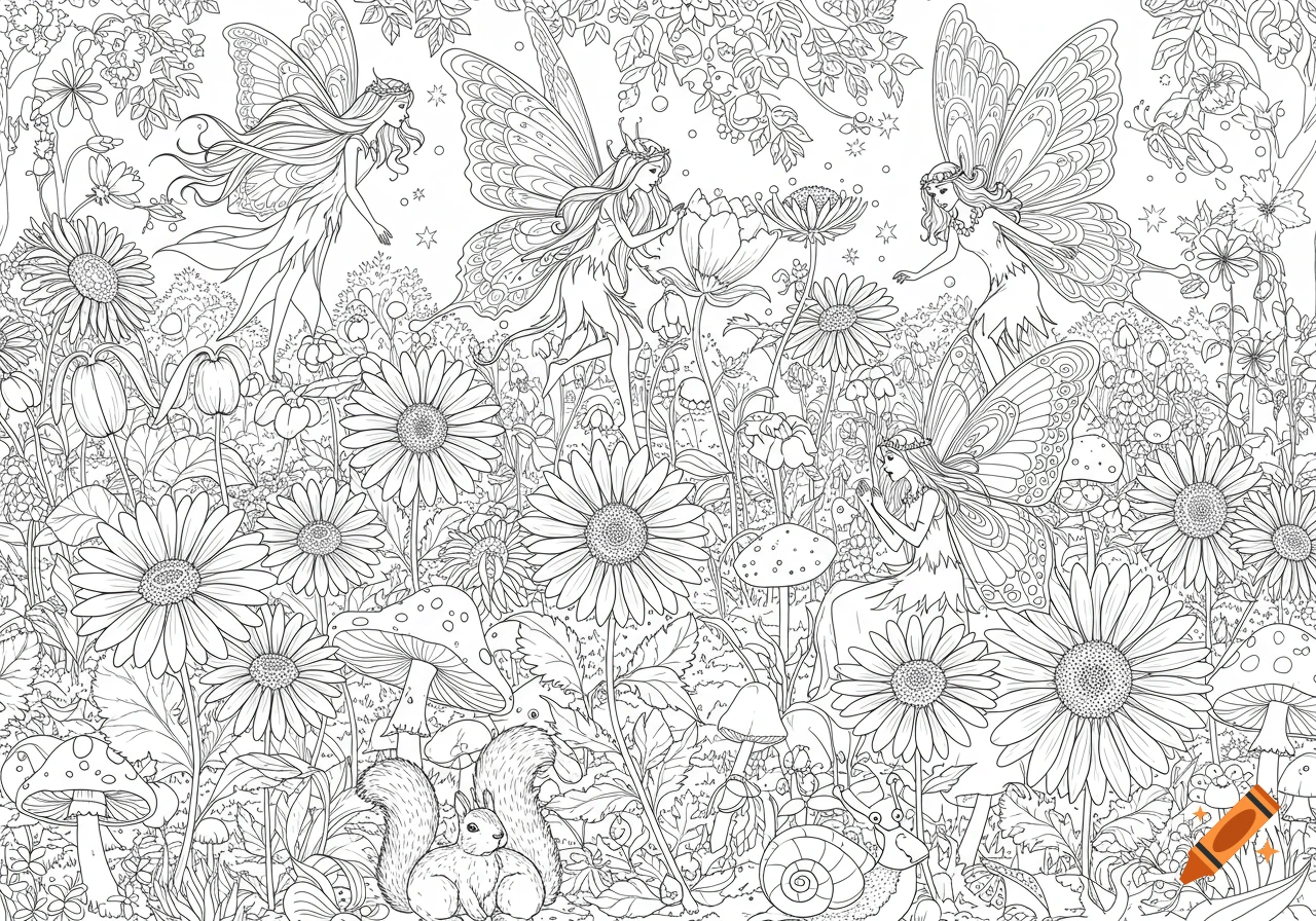 Black and white line art of an enchanted forest with multiple fairies, flowers, mushrooms, a squirrel, and a snail.
