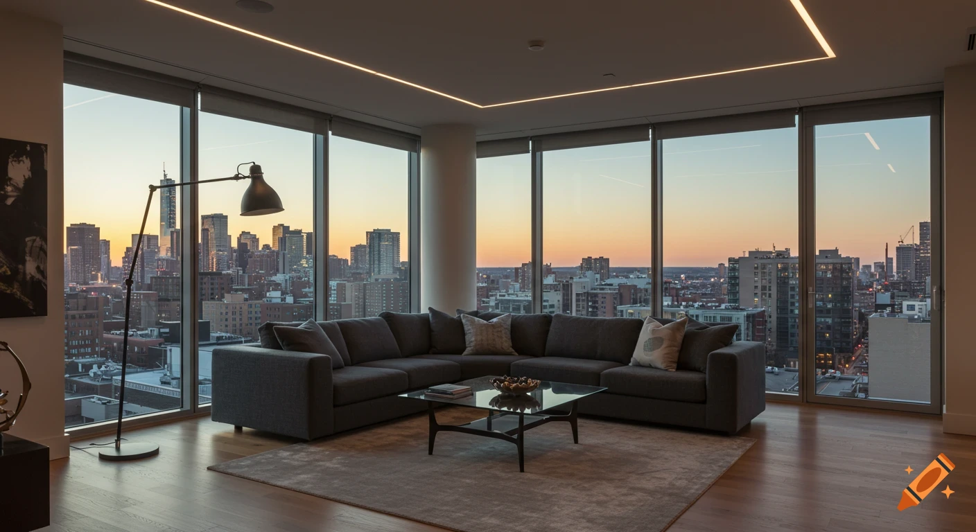 Photorealistic image of a modern living room with a gray sectional sofa, glass coffee table, and city skyline view at dusk.