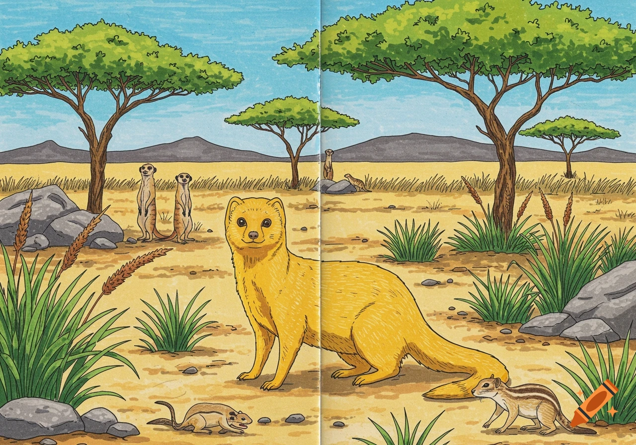 A colorful coloring book style illustration of a yellow mongoose looking forward, with two meerkats and a ground squirrel in an African savannah.