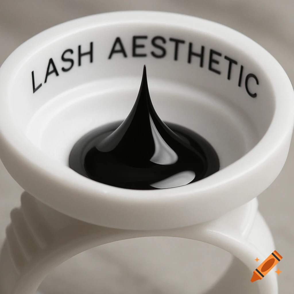 A close-up of a white lash glue ring holding a glossy black drop of lash extension glue, with "LASH AESTHETIC" printed on the ring.