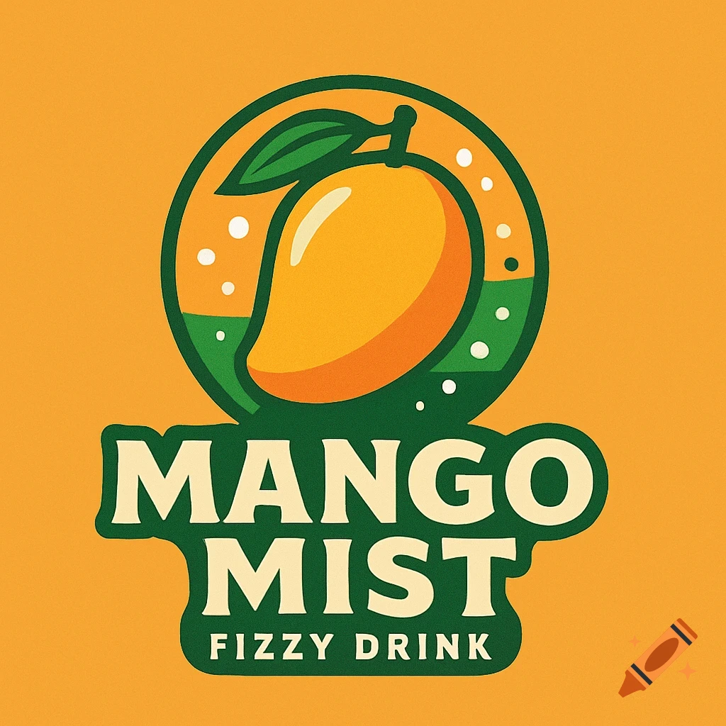 A mango logo for a fizzy drink with 'Mango Mist' text on an orange background.