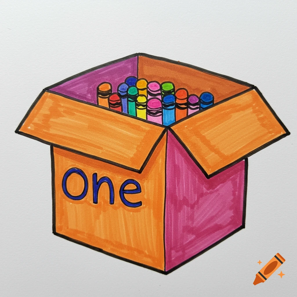 A messily drawn, colorful box filled with crayons, with 'One' written on its front.