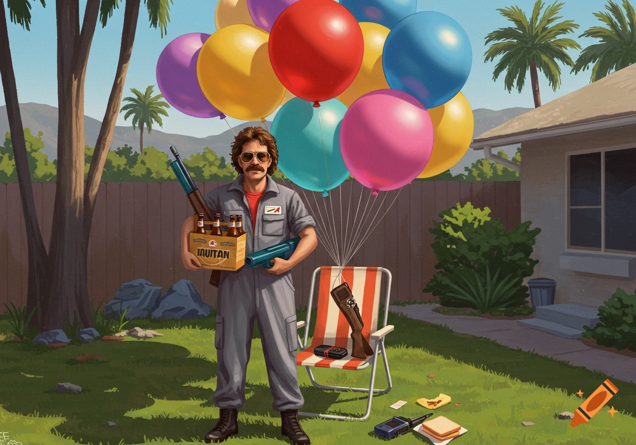 A man with an 80s mustache and sunglasses in a grey jumpsuit holds a beer 6-pack and a pellet gun, standing in a backyard with colorful balloons tied to a lawn chair.