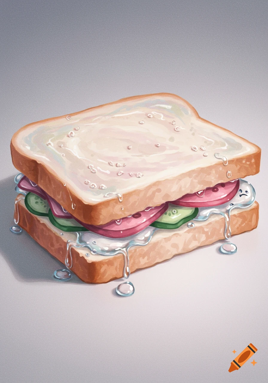 An illustration of a sandwich made of ham and cucumber, with clear liquid tears dripping from it, and a small sad character inside.