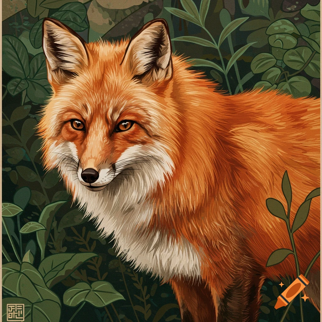 Close-up, illustrative portrait of a red fox with orange fur and white chest, surrounded by green foliage in a forest setting.