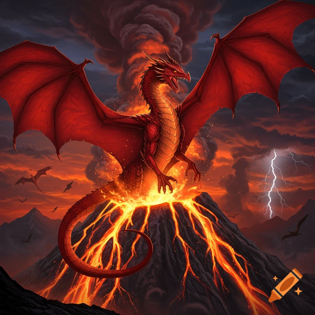 A powerful red dragon with large wings rises from an erupting volcano, spewing lava, under a dark, stormy sky with lightning.