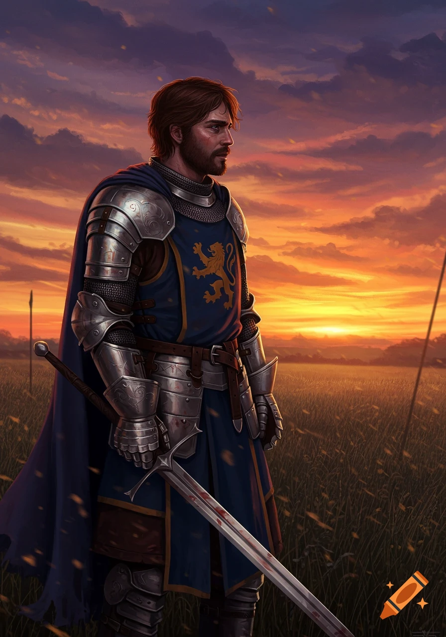 A knight in full silver armor with a blue tunic featuring a gold lion emblem, holding a blood-stained sword, stands in a field at sunset.