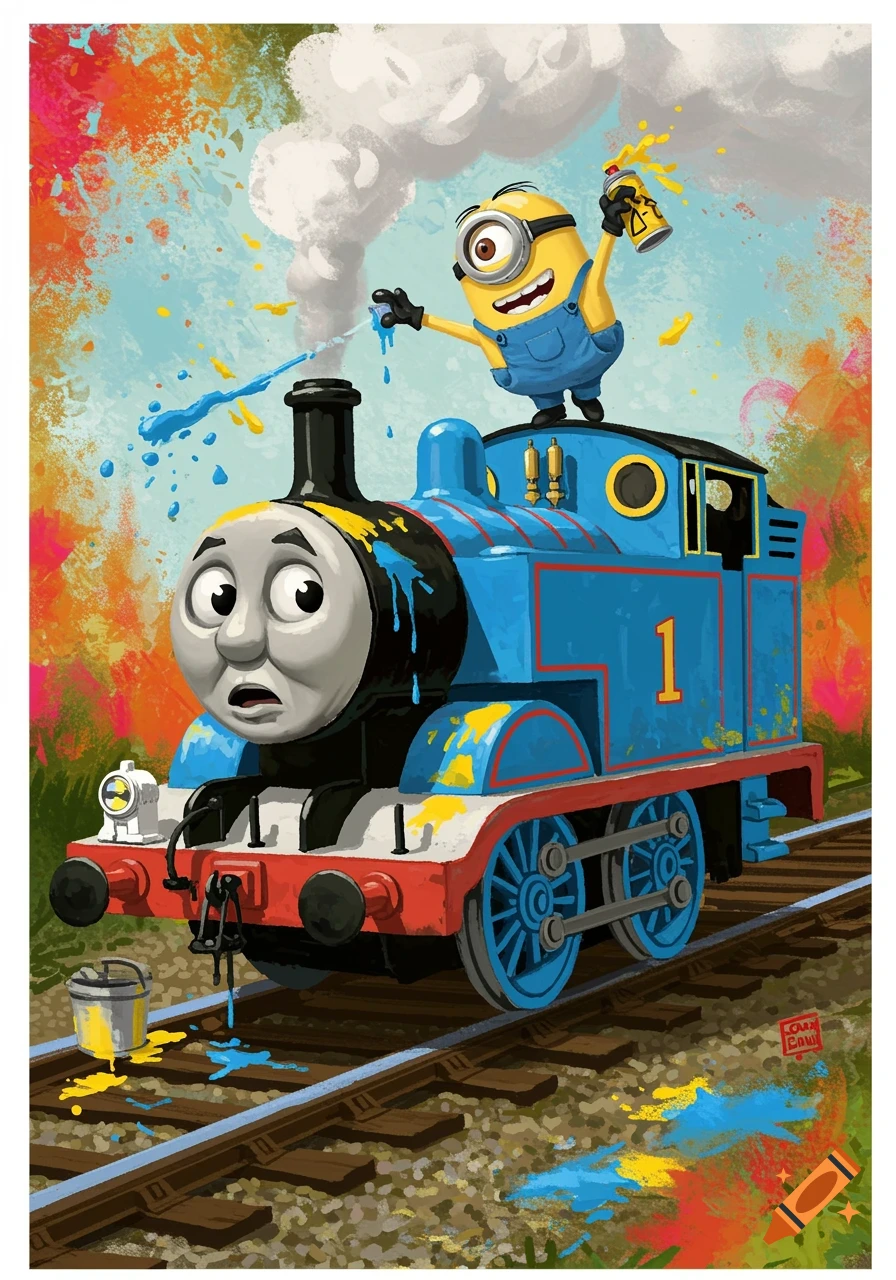A shocked Thomas the Tank Engine covered in blue and yellow paint splatters, while a laughing Minion stands on top of him spraying more paint from a yellow can. The background is a colorful, abstract mix of paint.