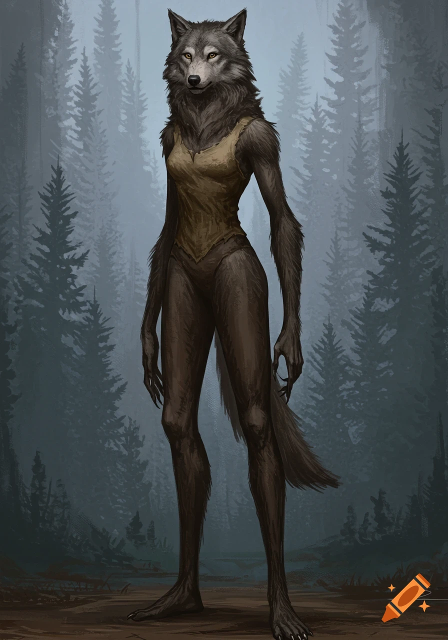 A tall, lanky female werewolf with a wolf's face and fur-covered body, wearing a tattered top, stands in a misty forest.