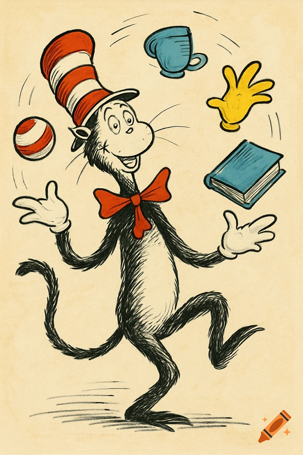 The Cat in the Hat juggling a striped ball, a blue teacup, a yellow hand, and a blue book in Dr. Seuss style.
