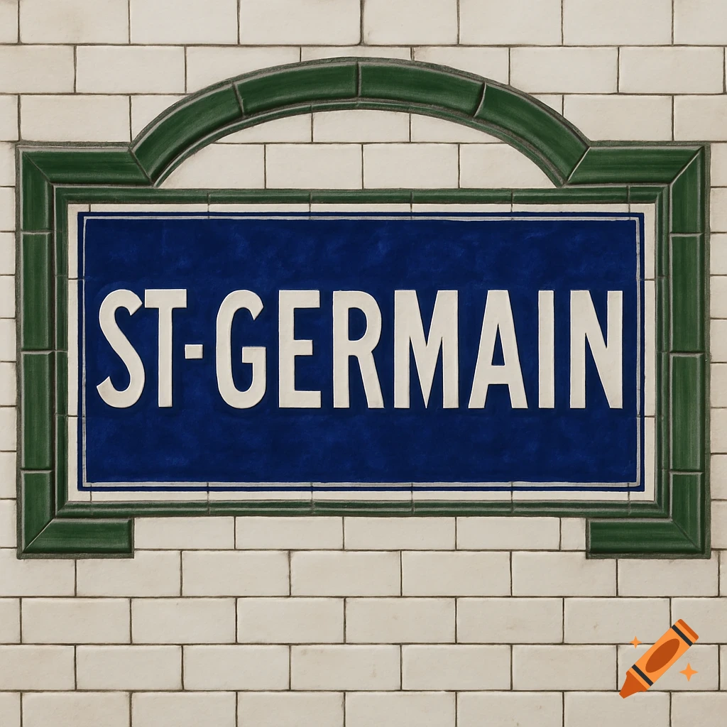 A close-up of a dark blue Paris Metro sign for St-Germain station with white letters, framed by green decorative tiles and white subway tiles.