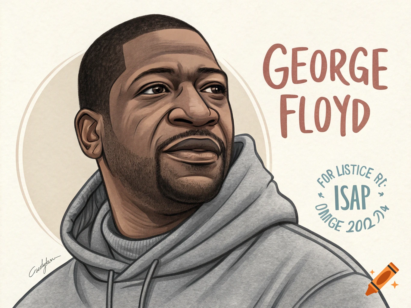 Illustration of George Floyd in a grey hoodie, with 'GEORGE FLOYD' written beside him.