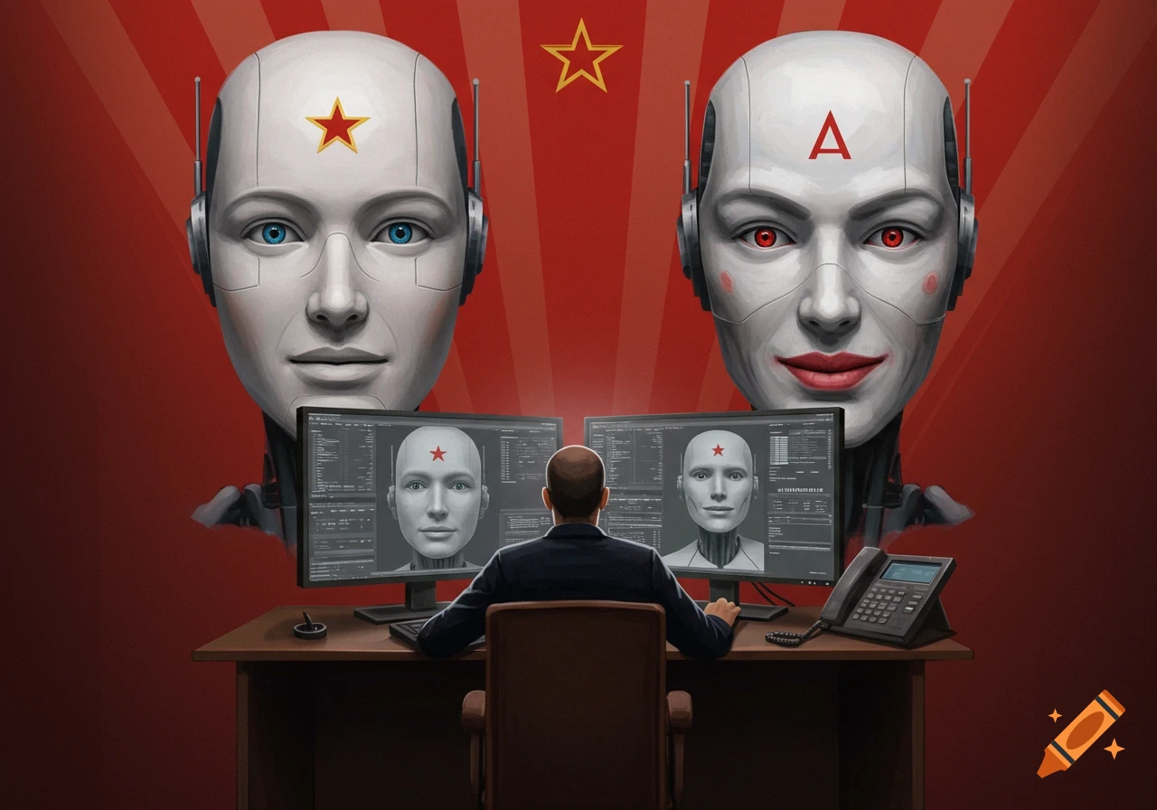 A human sits at a desk with two monitors showing robot faces, with two large robot heads and a star above, in a Soviet propaganda style.