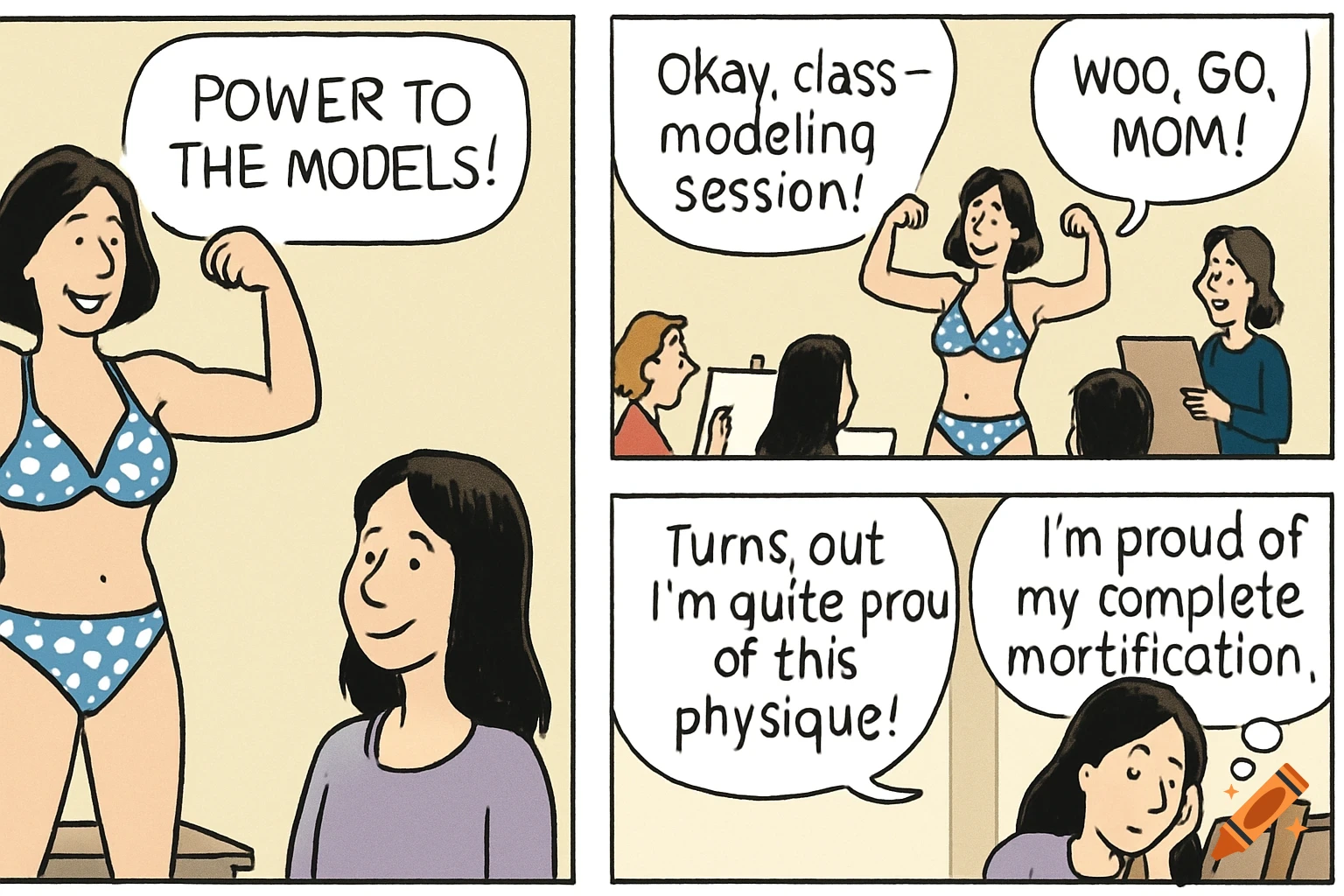 A four-panel cartoon comic strip showing a mother modeling for her daughter's high school art class.