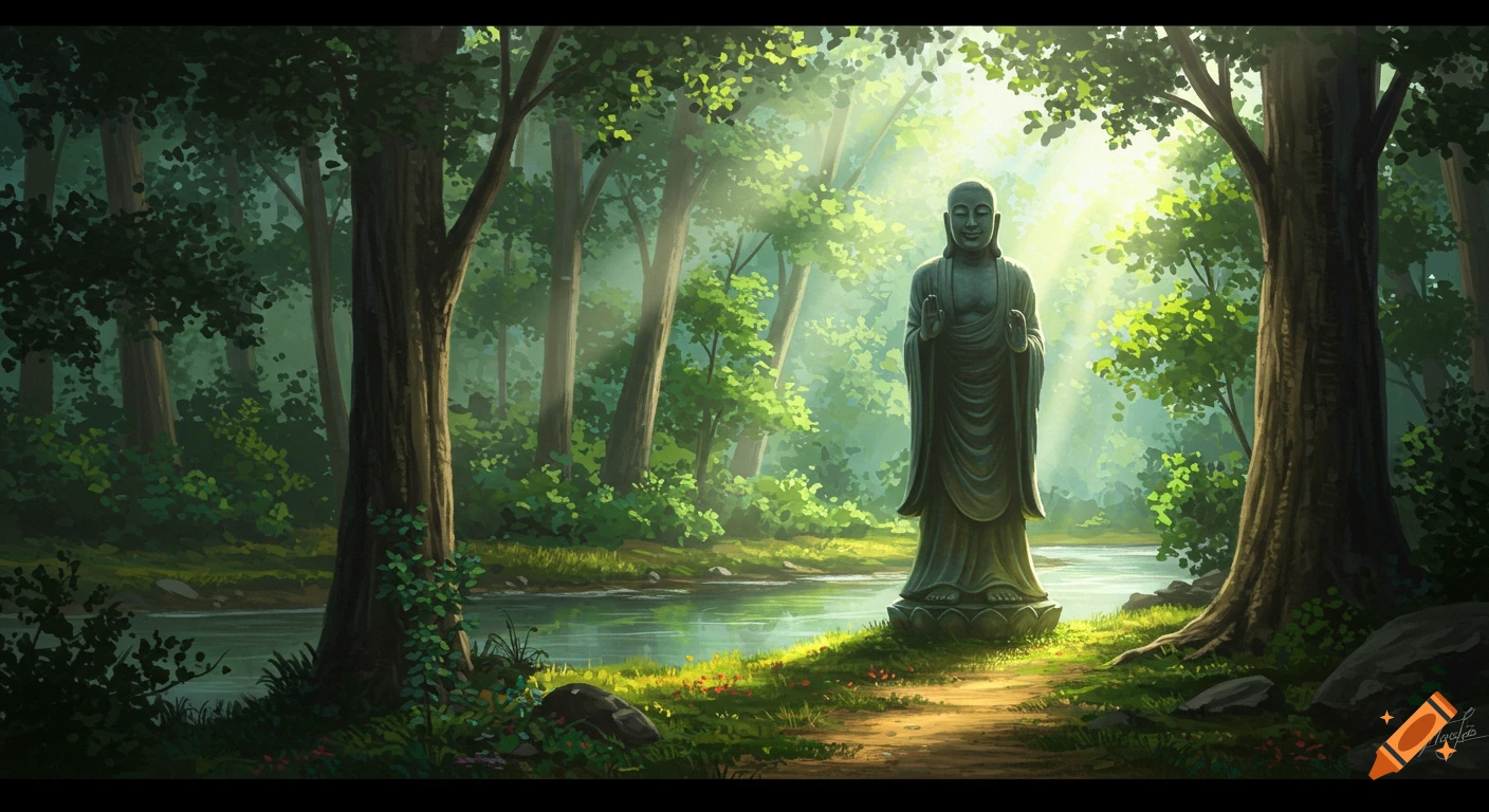 A serene statue of Buddha stands on a path in a lush forest next to a river, with sun rays filtering through the trees.