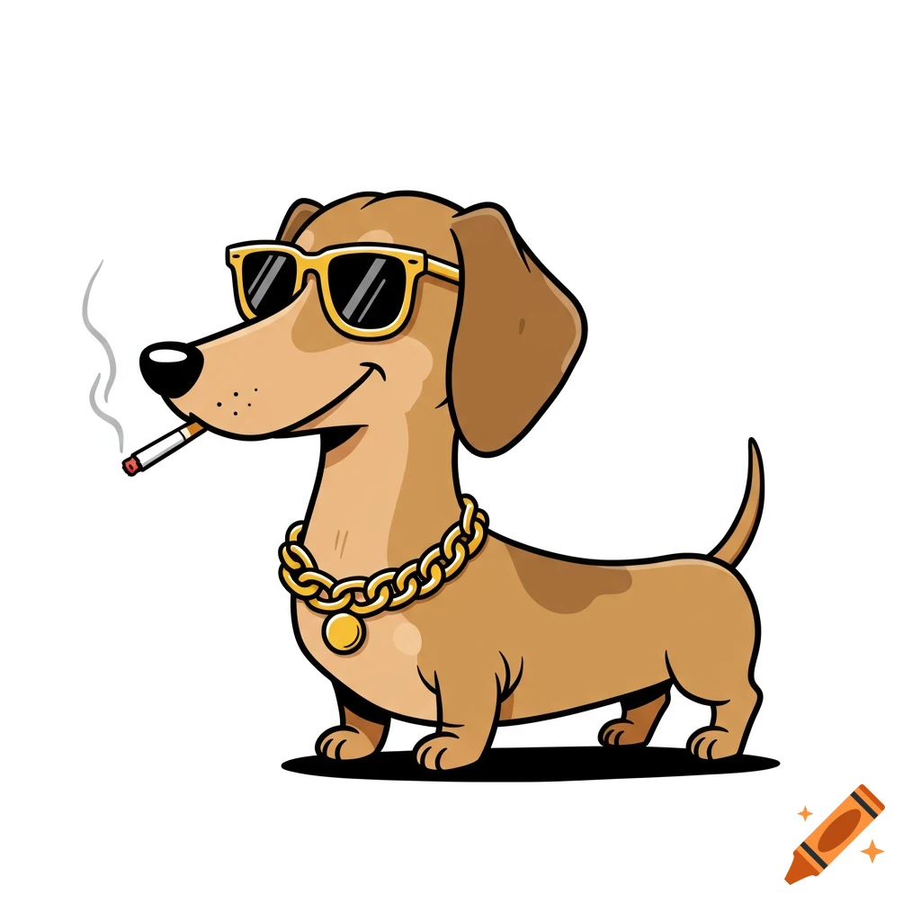 A cartoon light brown dachshund wearing sunglasses and a gold chain, smoking a cigarette with smoke rising.