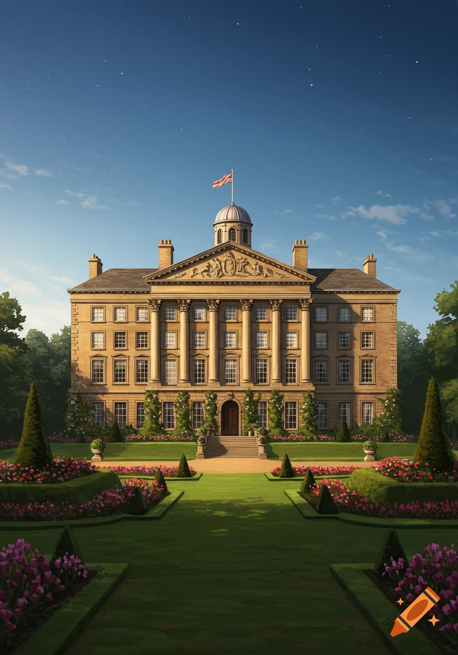 A grand, classical-style mansion with tall columns, a dome, and a flag, surrounded by lush, formal gardens under a clear sky.