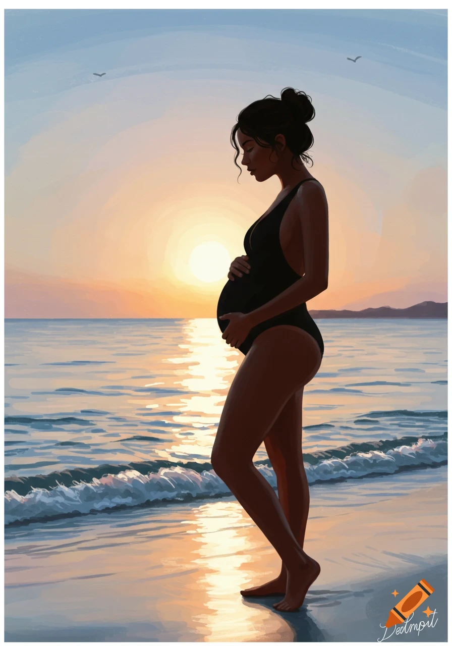 A pregnant woman in a black swimsuit stands on a beach, silhouetted by a vibrant sunset over the ocean, in an illustrative style.