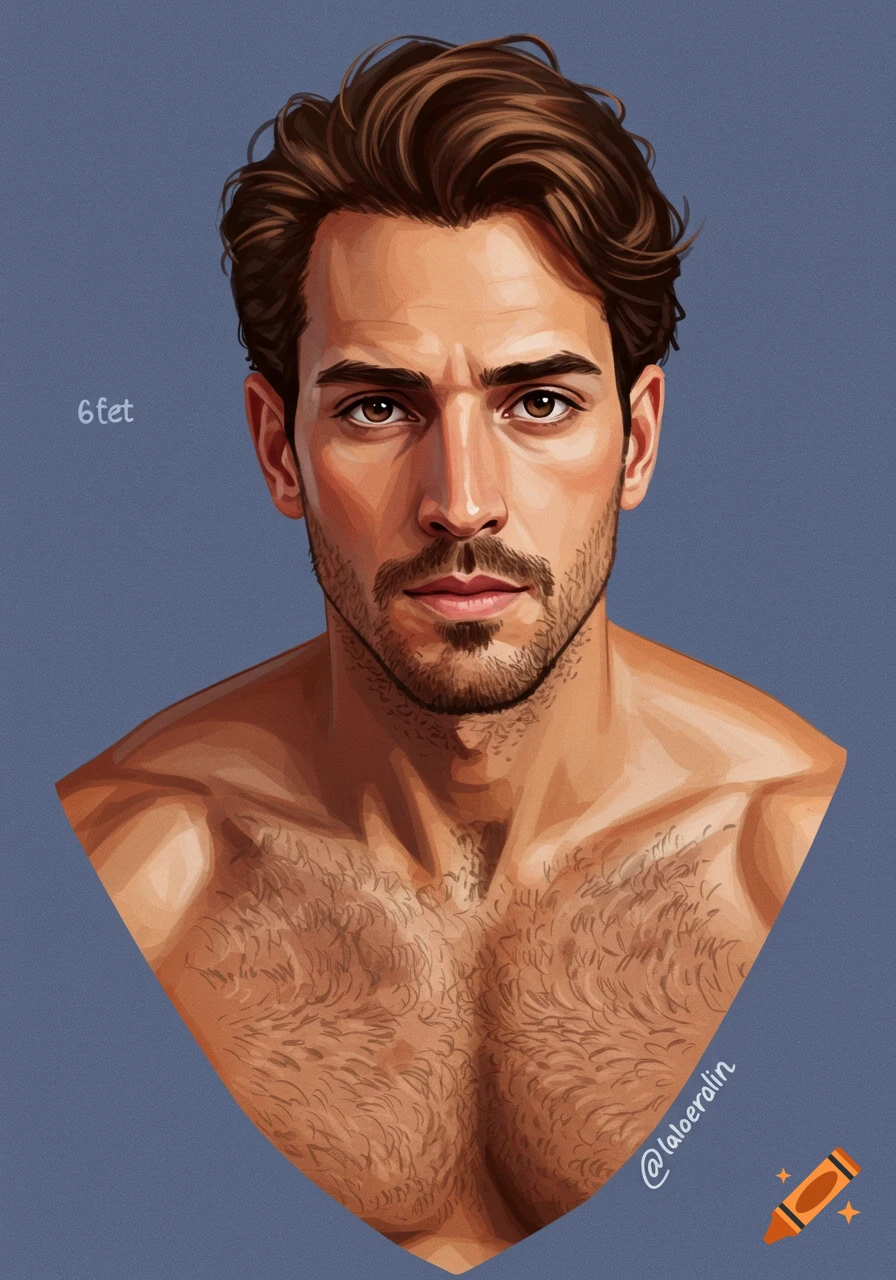 An illustrative portrait of a shirtless man with brown hair, a beard, and brown eyes, looking directly at the viewer.