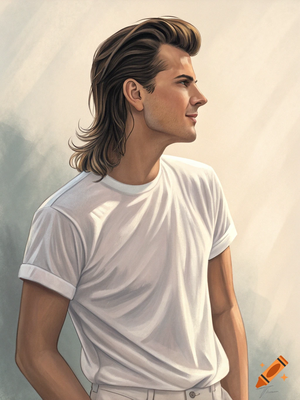 A stylized portrait of a man with a brown mullet hairstyle wearing a white t-shirt, looking to the right.