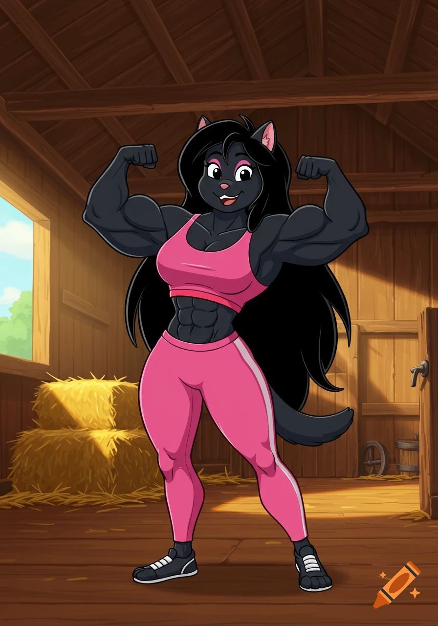 A muscular black anthropomorphic cat with long hair in pink sportswear poses flexing inside a barn, in a cartoon style.
