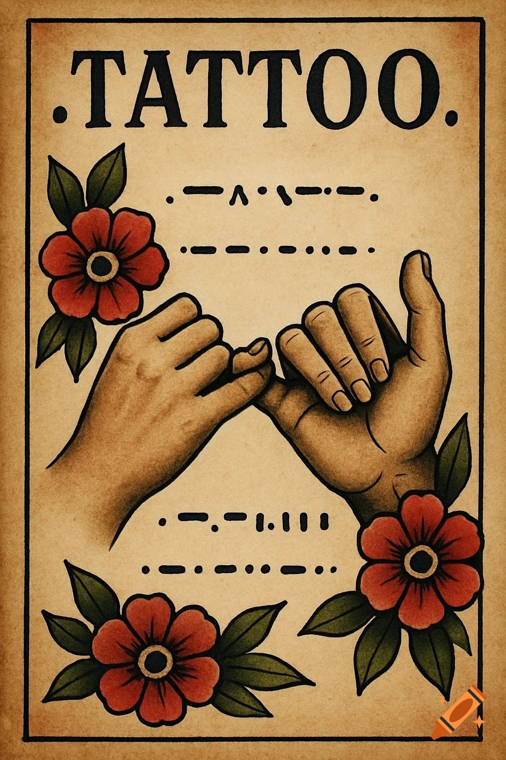 Vintage tattoo style illustration of two hands making a pinky promise, surrounded by red flowers and dark, illegible Morse code on a textured paper background with the word 'TATTOO'.