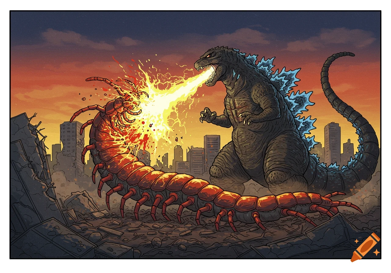 Godzilla blasting a giant centipede with a fiery beam in a ruined city at dusk, comic book style.