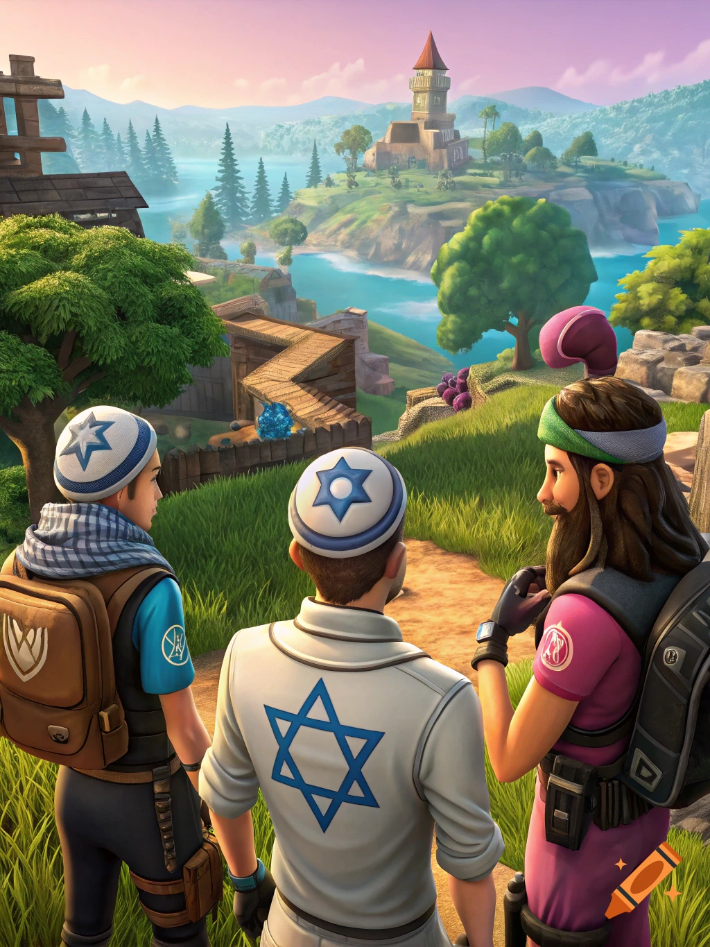 Three stylized characters, two wearing kippahs, look out over a colorful, Fortnite-like landscape with a castle and lake.