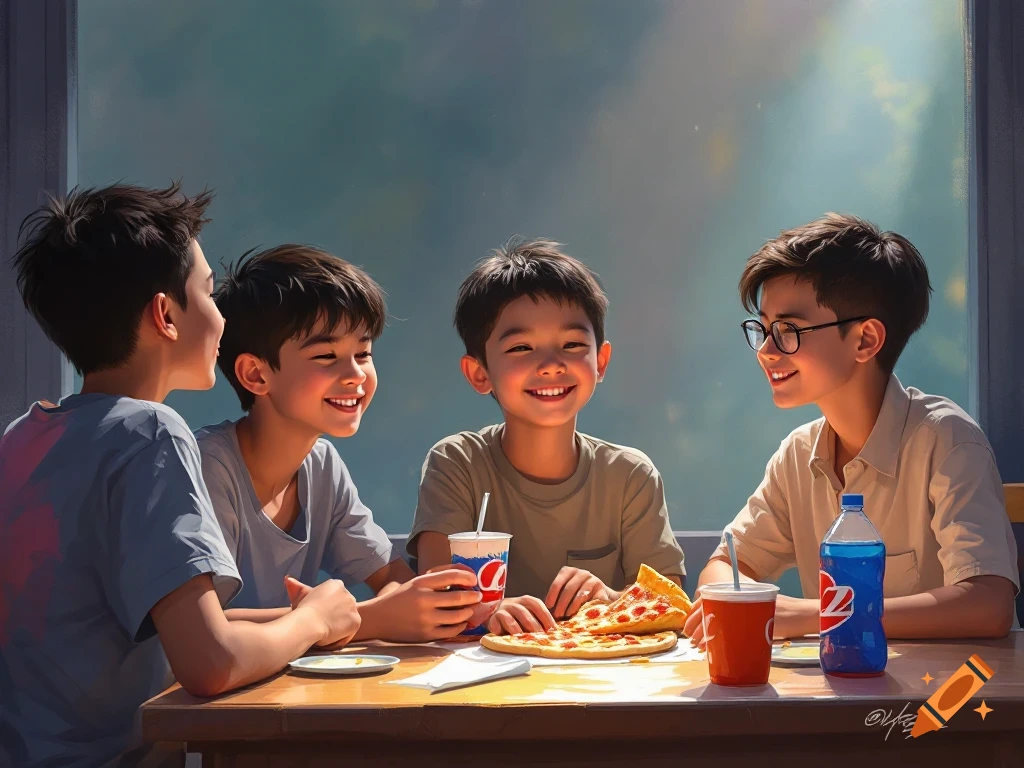 Four young boys smiling and eating pizza with drinks at a table.
