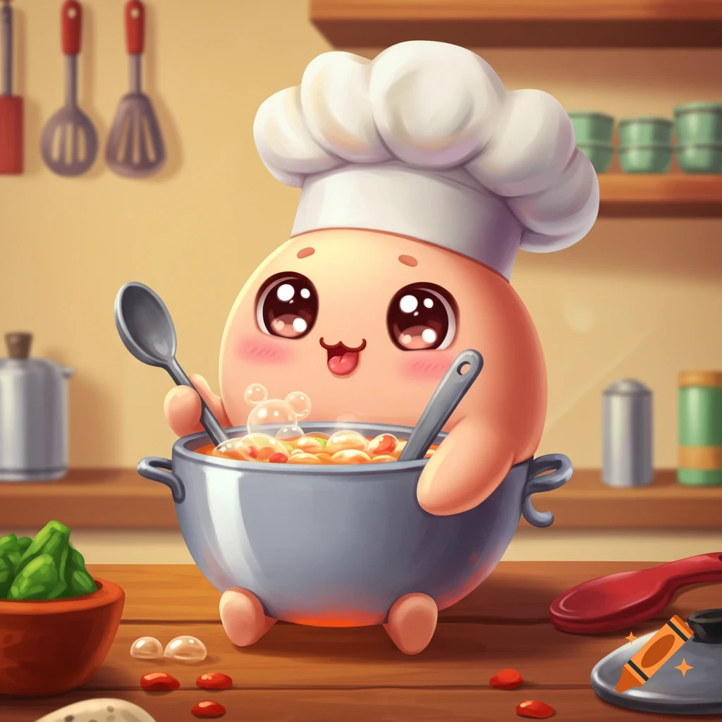 A cute, blob-like cartoon chef character wearing a chef's hat and happily stirring a pot of soup in a kitchen.