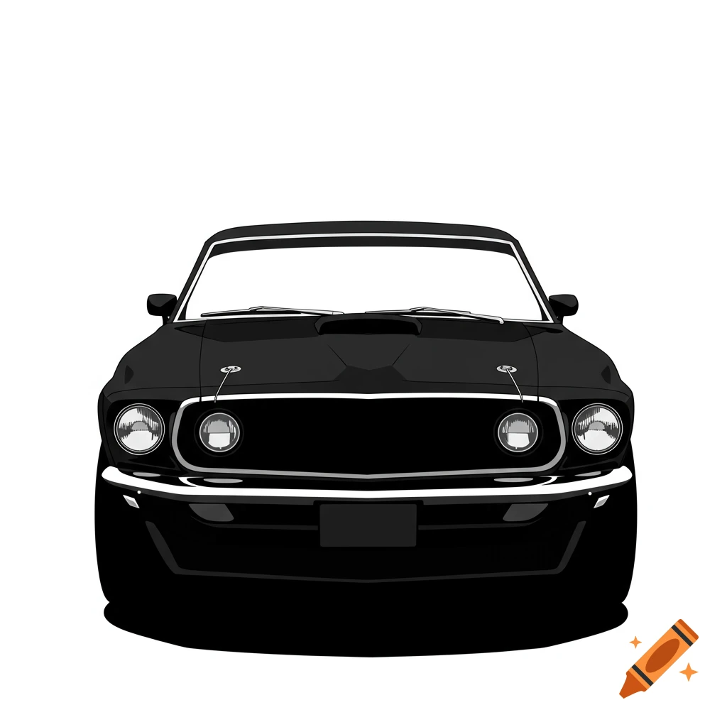 A minimalist vector illustration of a black 1969 Ford Mustang Boss 429 seen from the front.