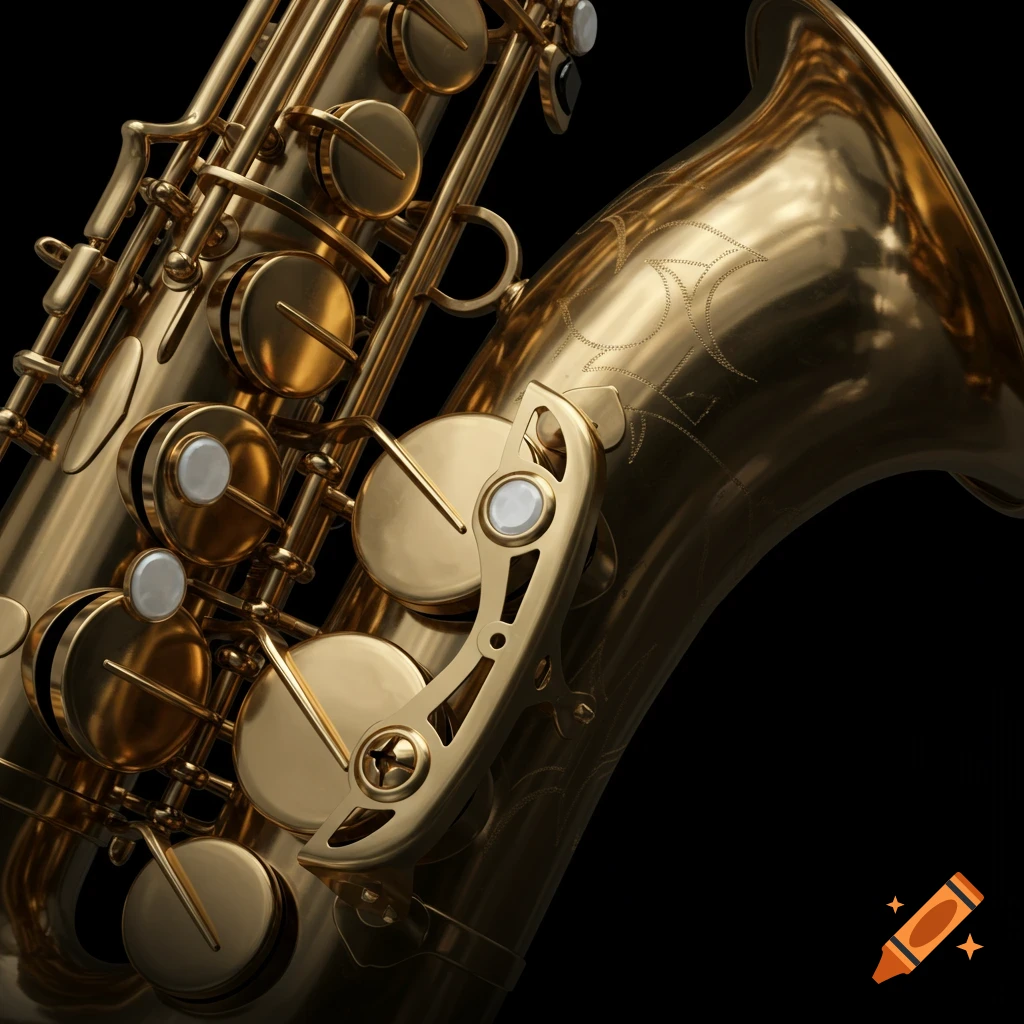 Close-up of a golden saxophone with detailed keys and a reflective surface against a dark background.
