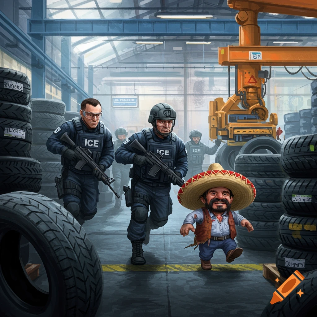 ICE agents with assault rifles chase a small man in a sombrero through a tire factory.