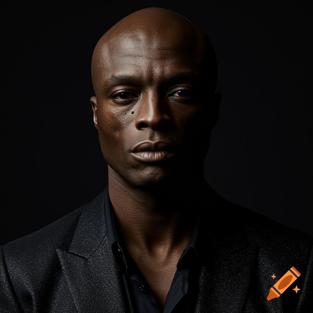 Close-up photorealistic portrait of a bald man with dark skin, resembling Seal, wearing a dark suit against a dark background.