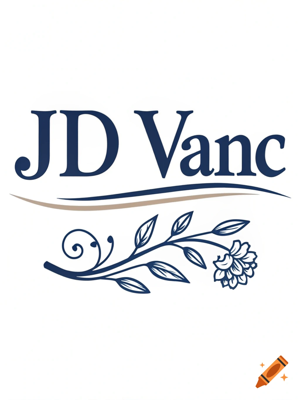A dark blue and brown logo with the text "JD Vanc" in a serif font, underlined by two wavy lines, with a decorative floral branch below.