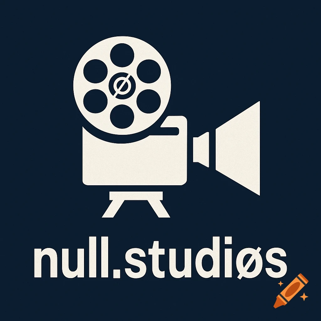 A cream-colored film projector icon with a stylized reel incorporating an 'ø' symbol, above the text 'null.studiøs', on a dark navy background.