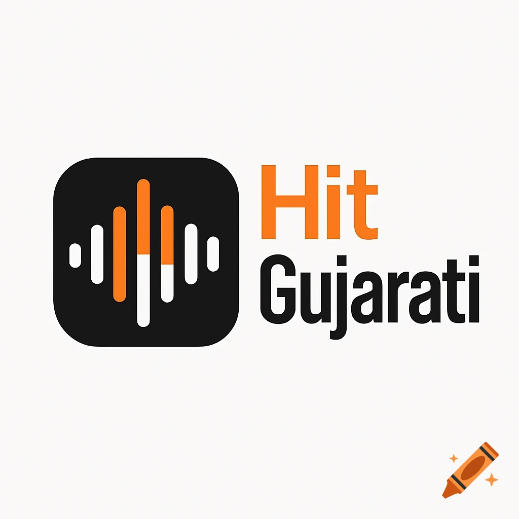 A black rounded square icon with an abstract orange and white soundwave graphic. To the right, "Hit" in orange and "Gujarati" in black sans-serif font.